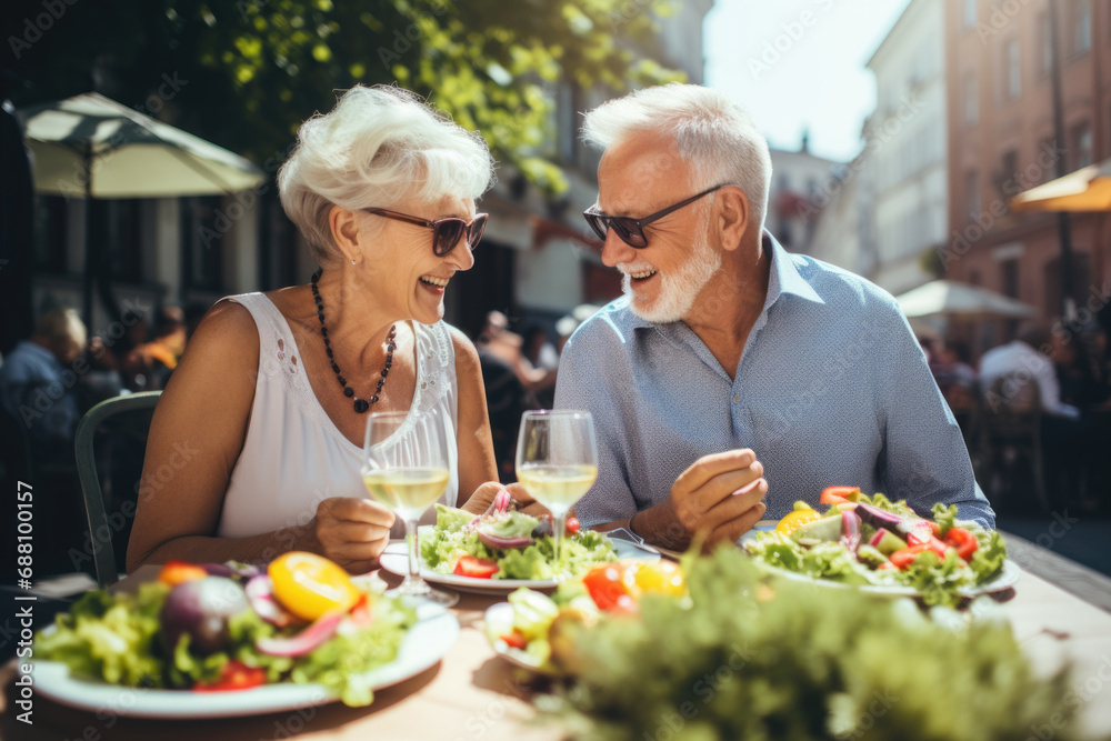 An elderly European couple enjoys a fresh vegetable salad at a quaint cafe on a bright and sunny day, savoring each bite with delight An elderly European couple enjoys a fresh vegetable salad at a quaint cafe on a bright and sunny day, savoring each bite with delight