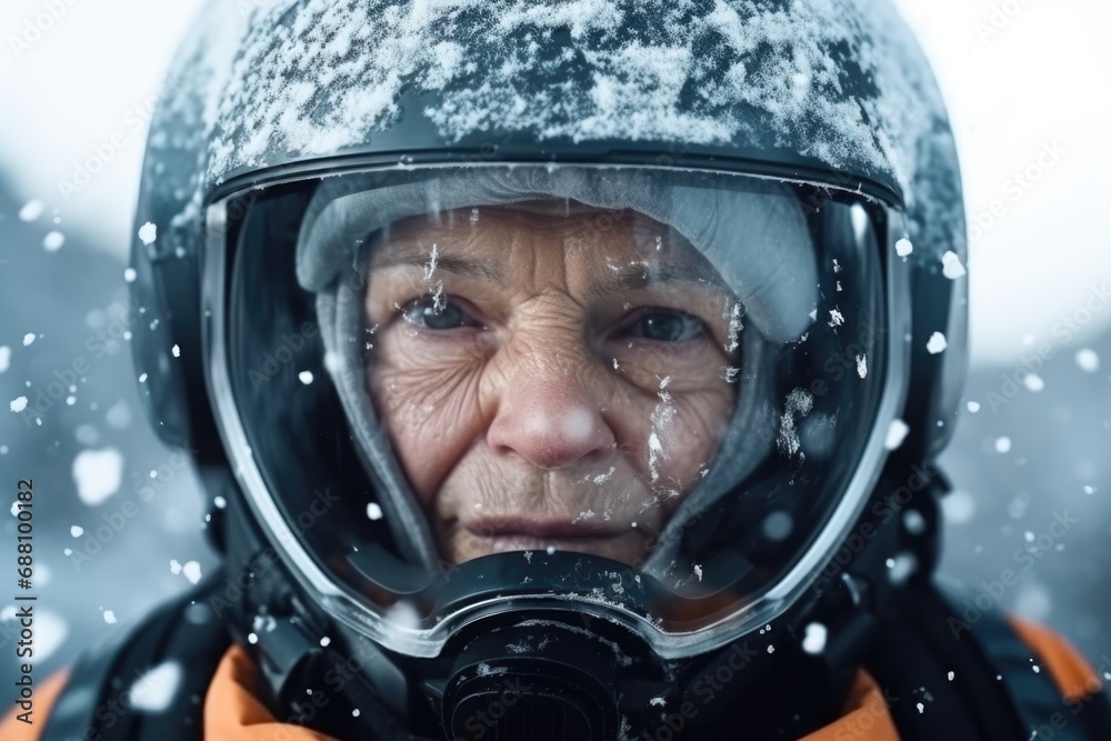 The portrait captures the grace of an elderly woman astronaut, her eyes reflecting the vastness of space within the helmet of her astronaut suit The portrait captures the grace of an elderly woman astronaut, her eyes reflecting the vastness of space within the helmet of her astronaut suit