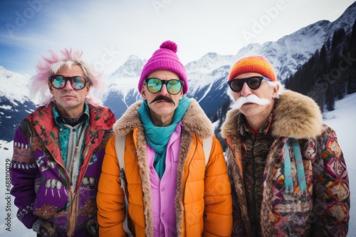Against the breathtaking backdrop of snow-covered mountains, a group of satisfied European pensioners in winter clothes celebrates the scenic charm of winter together