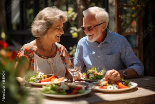 Against the backdrop of a sunny day  an elderly European couple relishes a healthy vegetable salad in a charming cafe  basking in the warmth of their shared meal