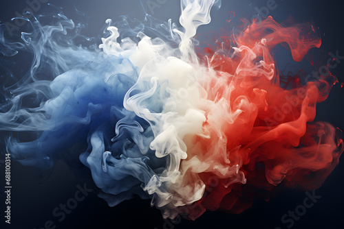 Cigarette smoke in the colors of the French flag. Concept of a smoking ban in France