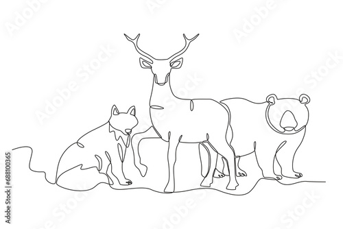 A deer, a wolf, and a bear. World Wildlife Day one-line drawing