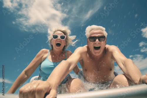 With hearts full of positivity, grandparents enjoy a leisurely swim, savoring the freedom of the water and the invigorating embrace of aquatic joy © Konstiantyn Zapylaie