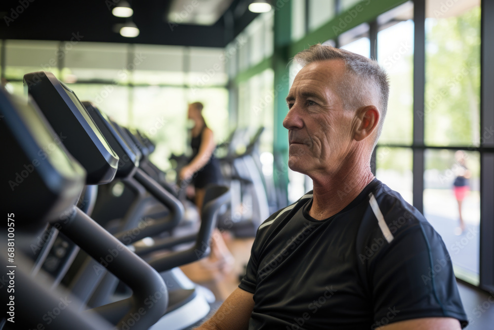 Obraz premium A senior man dedicates time to fitness in the gym, embodying the idea that staying active contributes to a vibrant and fulfilling life