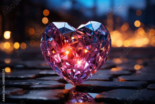 A pink big cut diamond heart with red lights inside if it standing on wet pavement. Blurred fire and bokeh lights on a dark base in the background. Copy space. photo