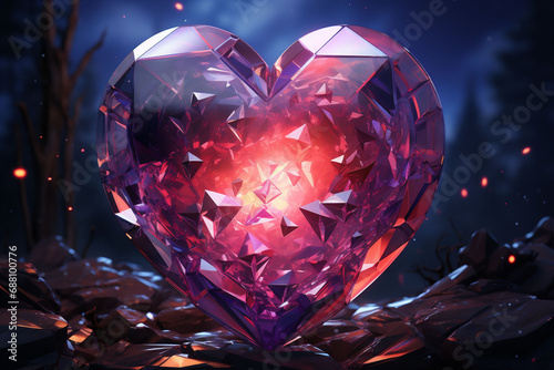 A pink big diamond heart with a light coming from the middle standing on gray rocks. Blurred dark forest with dead trees in the background. photo