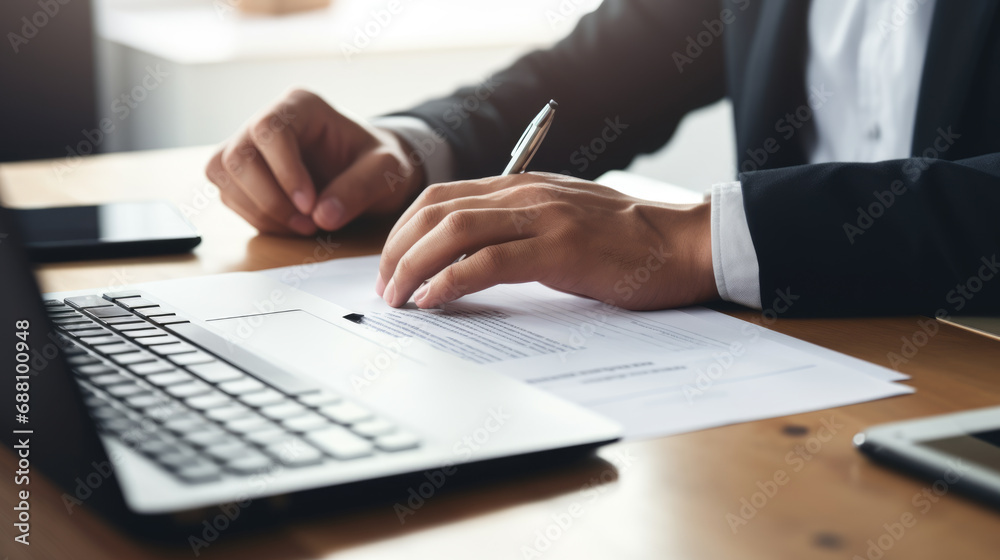 Close-up of a man working with a stack of documents and reports on his office desk Close-up of a man working with a stack of documents and reports on his office desk