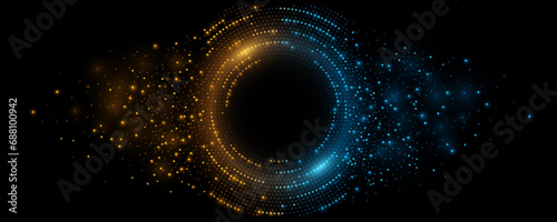 Digital circles of glowing dots. Big data visualization into cyberspace. Information particles in a neural network. Artificial intelligence banner. Vector illustration.