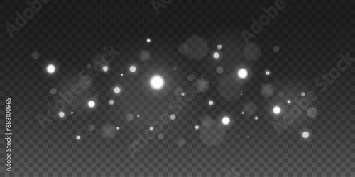 Abstract bright lights with blurry glares bokeh isolated on dark transparent background. White twinkle effect. Vector illustration.