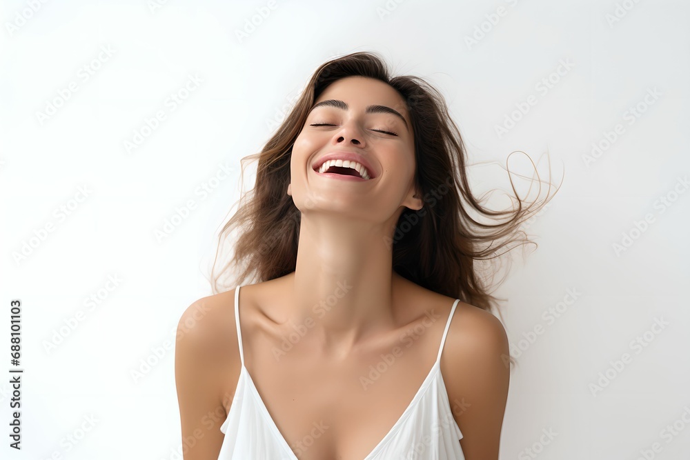 Beautiful Woman in Joyous Moment on White, Isolated, Pristine White Background, Beauty, Joyful Beautiful Woman in Joyous Moment on White, Isolated, Pristine White Background, Beauty, Joyful