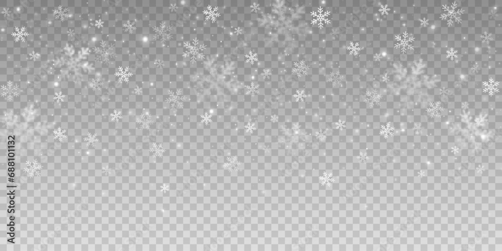 Falling snowflakes with blurry snowy particles on transparent background. Christmas snow effect. Vector illustration.