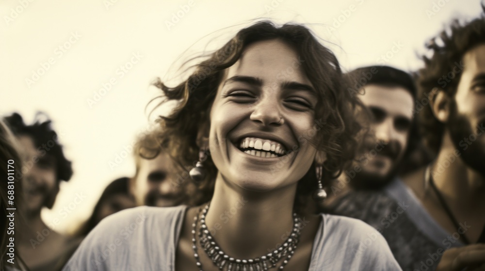 A woman among people having fun at a festival A woman among people having fun at a festival