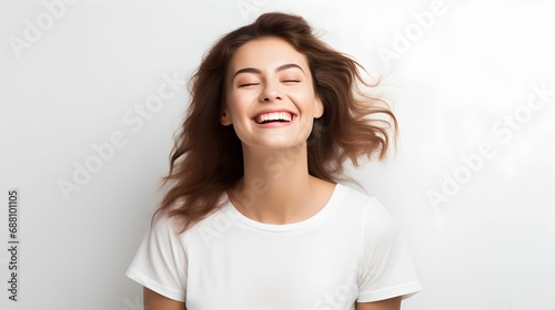 Positivity Radiating from Smiling Woman on White, Young Woman, Clear White Background, Joyful, Happy