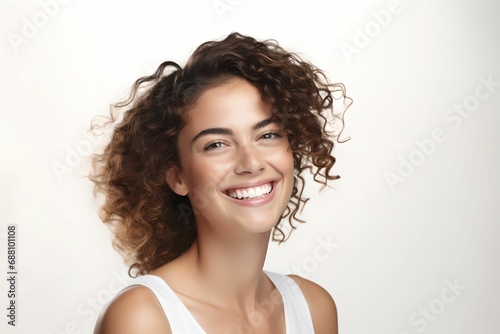 Smiling Woman Portrait on White Background, Natural Light, Happiness, Joyful, Cheerful