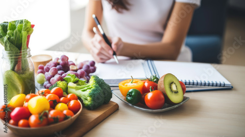 Person writing in a notebook surrounded by a variety of colorful fruits and vegetables  planning healthy diet.