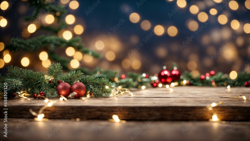 An empty wooden tabletop with a defocused background of Christmas garlands in the bokeh style. A template for the demonstration of New Year's goods.
