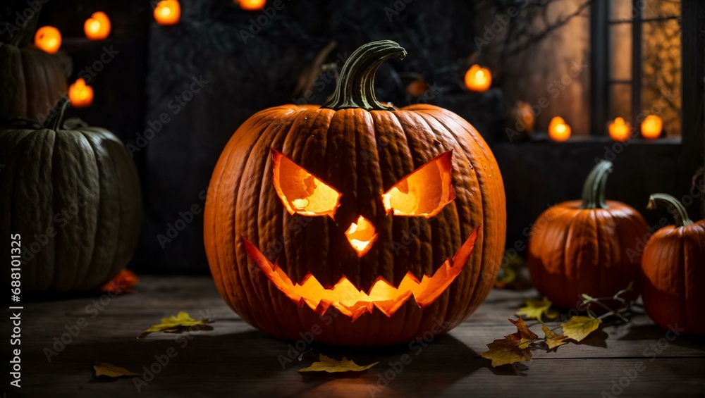 A pumpkin carved in the shape of a lantern, with a terrifying and sinister face, on Halloween day A pumpkin carved in the shape of a lantern, with a terrifying and sinister face, on Halloween day