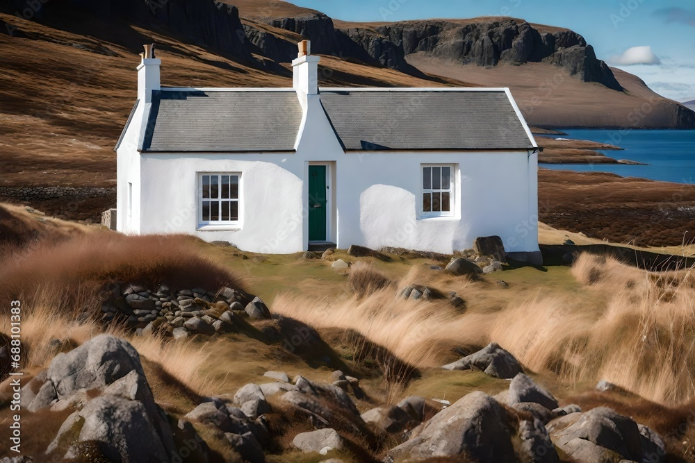 A lovely winter's day by the coast with a white painted croft home - obrazy, fototapety, plakaty 