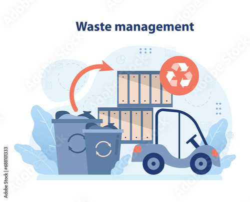 Waste management in sustainable cities showcased by a truck collecting sorted trash. Efficient recycling and garbage disposal practices for urban living. Flat vector illustration