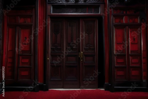 A Halloween haunted mansion is accessible through eerie old doors with a scarlet inside
