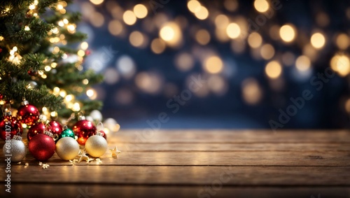 An empty wooden tabletop with a defocused background of Christmas garlands in the bokeh style. A template for the demonstration of New Year s goods.