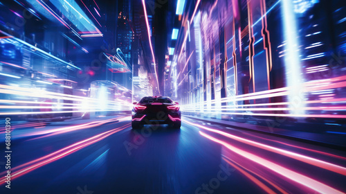 A car speeding among neon lights