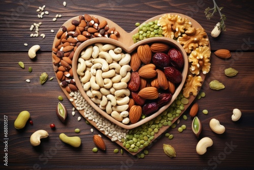 different nuts and seets arranged in the shape of a heart photo