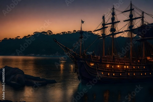 Canvastavla At sunset, a pirate ship in a tropical bay or cove, picturesque
