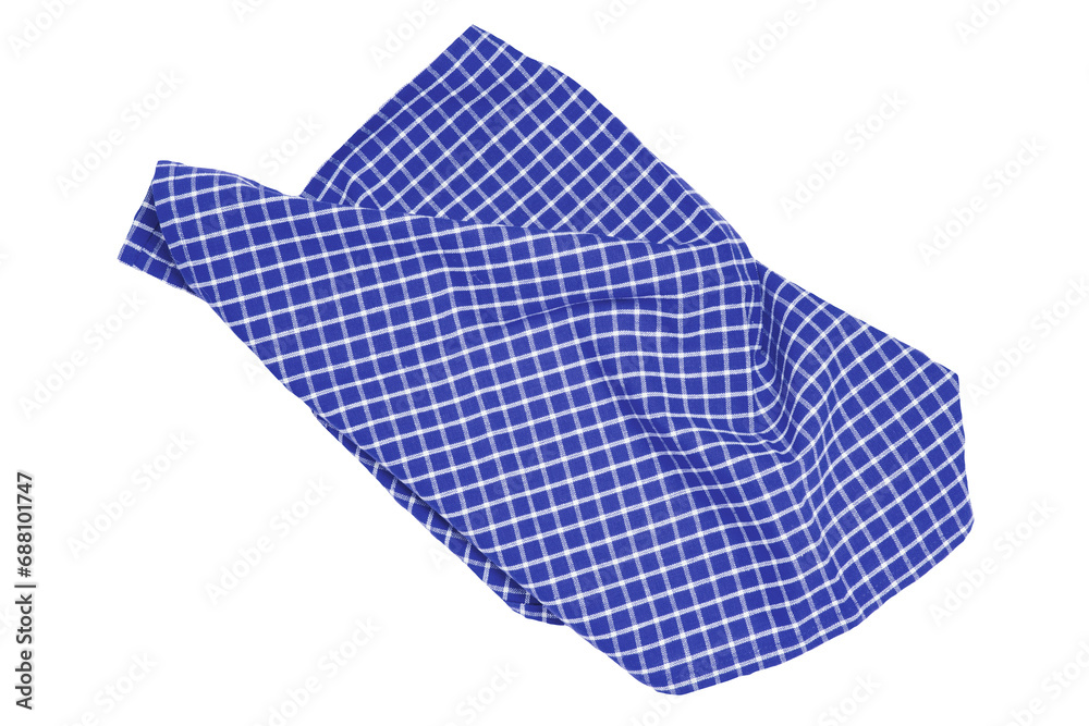 Closeup of a blue and white checkered napkin or tablecloth texture isolated on white background. Clipping path. Kitchen accessories. Top view. Closeup of a blue and white checkered napkin or tablecloth texture isolated on white background. Clipping path. Kitchen accessories. Top view.