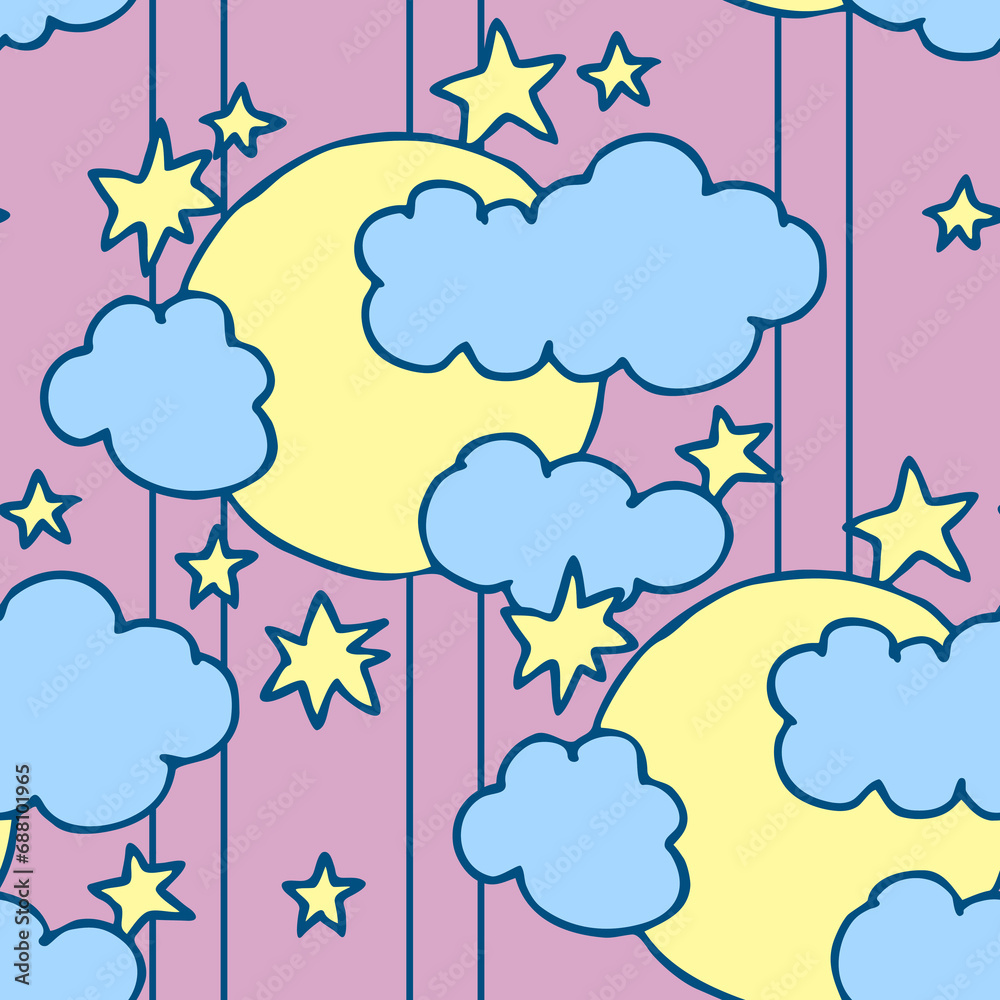 Starry night seamless vector pattern with moon, stars and clouds. Boho style decorative background for wallpaper, digital paper, wrapping design, fashion fabric, textile print. Hand drawn illustration Starry night seamless vector pattern with moon, stars and clouds. Boho style decorative background for wallpaper, digital paper, wrapping design, fashion fabric, textile print. Hand drawn illustration