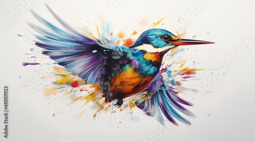 a lively and colorful representation of a kingfisher, its iridescent feathers and sharp beak portrayed in vivid shades on a white surface, capturing the agile and fierce nature of these birds.