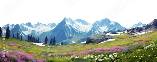 Alpine flowery meadow amidst snow-capped mountains, cut out