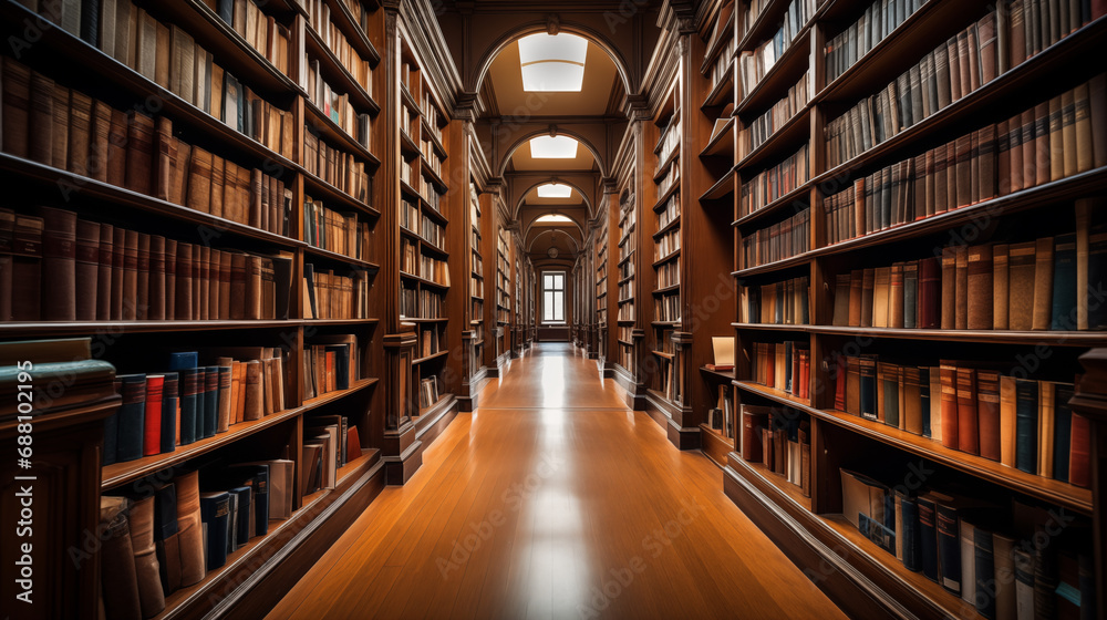 Books on shelves in the library. Library interior.