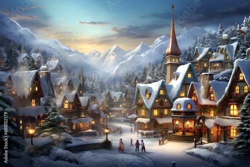 Digital Illustration with Twinkling Lights, Christmas village, digital illustration, enchanting scene, twinkling lights © asura