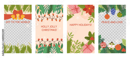 Social media Christmas stories template with copy space and transparent space for photo. Vertical banner decorated with bell with red bow and ribbon, spruce plants branches, gift boxes, light garland