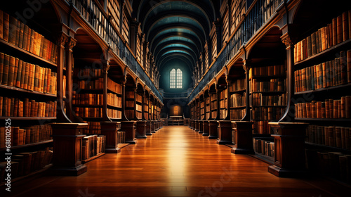 Books on shelves in the library. Library interior.