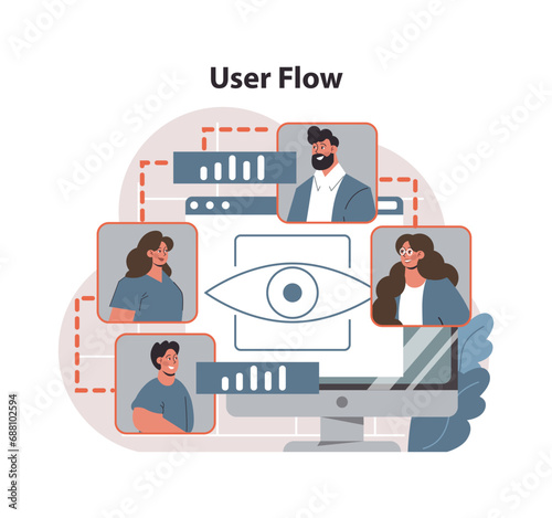 User Flow visualization concept. Team interacts through digital interface, highlighting journey mapping and website navigation. User experience design, collaboration strategy. Flat vector illustration