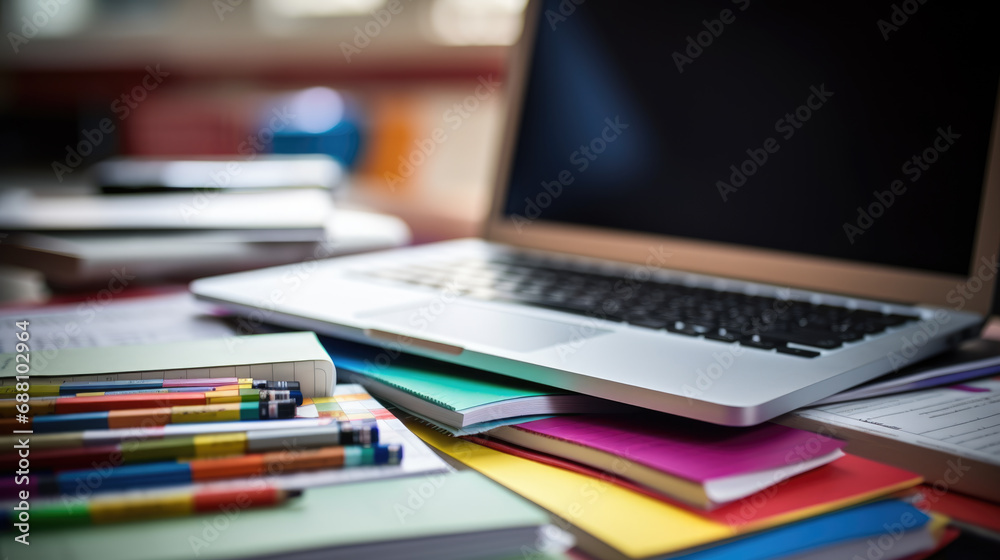Busy office desk with a laptop and a large stack of paperwork Busy office desk with a laptop and a large stack of paperwork