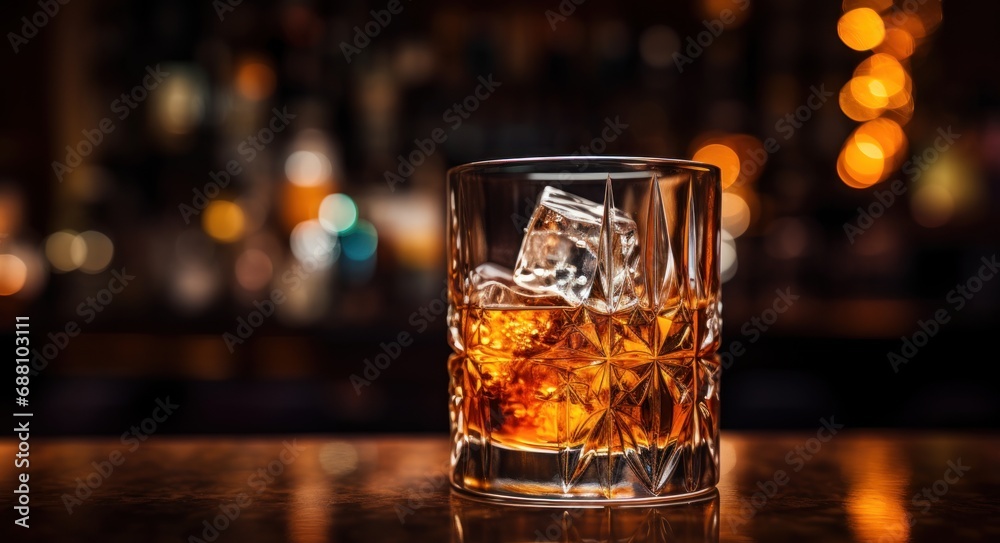 Glass of whiskey with ice cubes on wooden bar counter Glass of whiskey with ice cubes on wooden bar counter