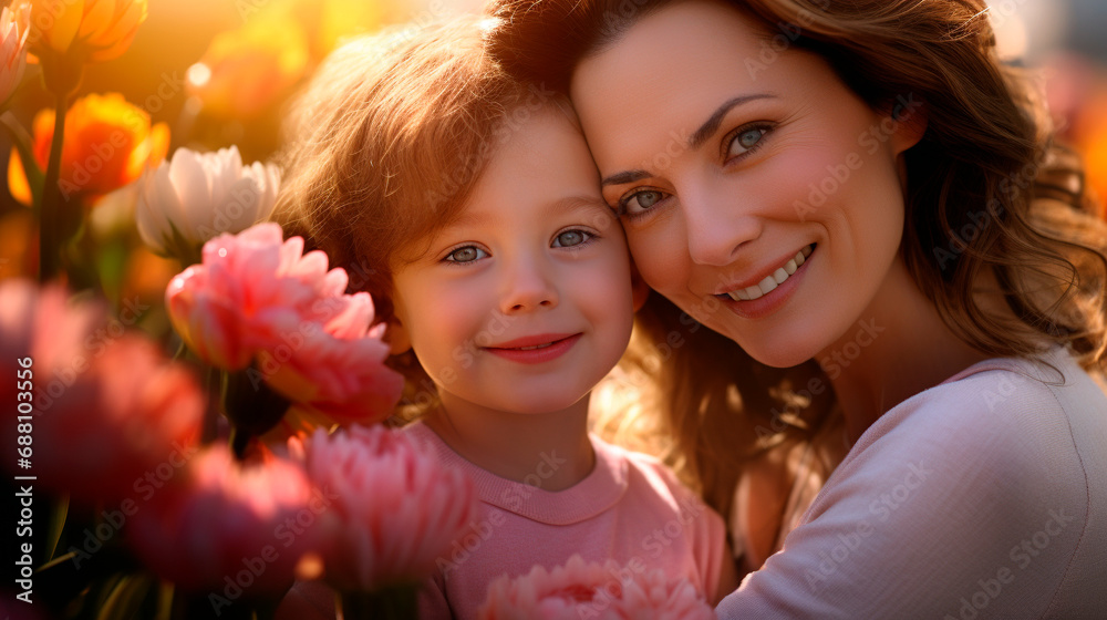 Mother and daughter on a background of flowers Mother and daughter on a background of flowers