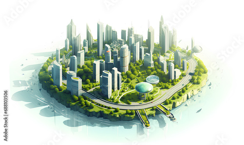 A modern city-island with skyscrapers, highways and cars, surrounded by natural landscape. Eco-city concept.