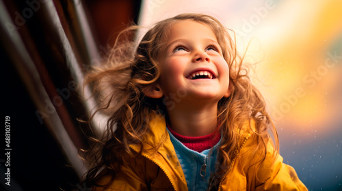 Joyful girl in a yellow jacket looks up to the sky