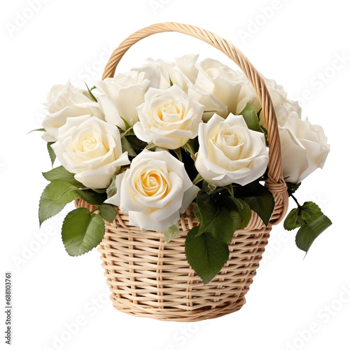 Beautiful white rose flowers in a small wicker basket isolated on transparent background, png clip art, design element.