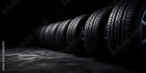 New car tires in a row, low key, on black background