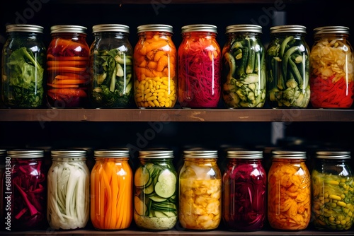 Colorful Fermented Vegetables in Jars, colorful, fermented veggies, glass jars, food preservation