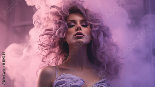 Woman surrounded by a violet cloud of smoke. Abstract fashion concept.