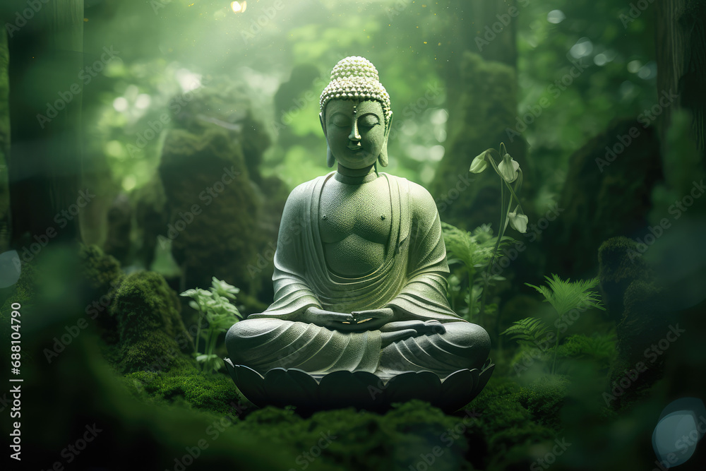 Glowing buddha meditating in nature