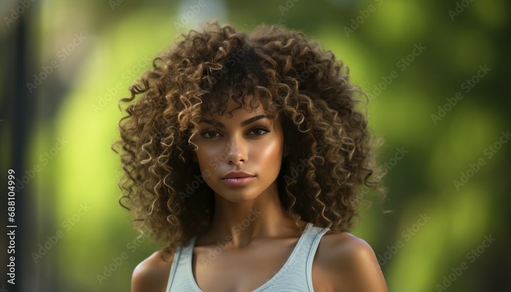 Young happy and pretty curly sporty afro woman closeup portrait on natural beach background Young happy and pretty curly sporty afro woman closeup portrait on natural beach background