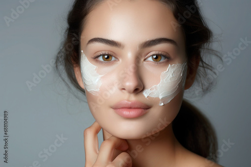 Beautiful woman applying moisturizer cream on her face. Cosmetic procedure for skin care photo
