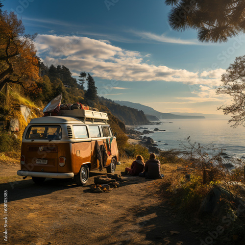 romantic camping with a camper by the sea with a campfire, AI generated
